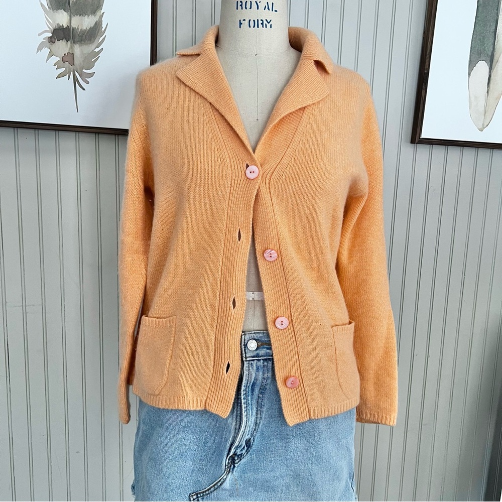 Cassie Cashmere Classic Button Down Collard cardigan Peach Medium